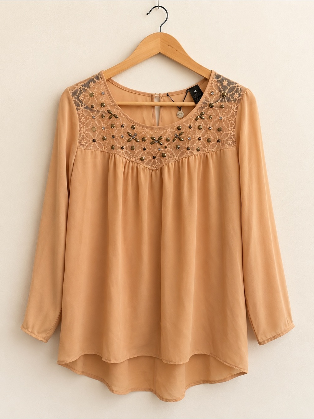 BKE Boutique Embellished Lace Yoke Blouse Medium Tan Boho Sheer Long Sleeve Top